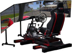 Full Immersion Advanced Racing Simulator Cockpit - Next Level Racing GTtrack + Motion Platform V3 + Traction Plus + Triple Monitor Stand + Thrustmaster TG II + TSS + TH8A + Asus 41.5" PG42UQ OLED