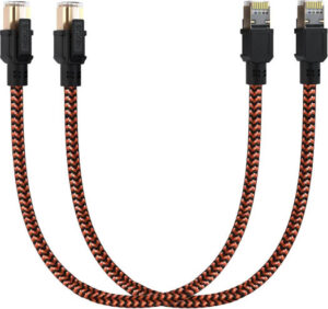 Nexus CAT8 SFTP Network Cable, 40 Gbps Transmission Speed, 2000Mhz Frequency, Full Bare Copper Conductor 23AWG, Weather Proof PVC Jacket, Braid Shield, 2x 0.5m Cable, Black/Orange | 2x05MCAT8