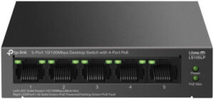 TP-LINK LS105LP 5-Port 10/100Mbps Desktop Switch with 4-Port PoE, 41 W PoE Budget, Up to 250 m PoE Transmission, Silent Operation, Black | LS105LP