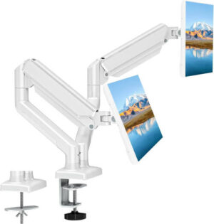 Dual Monitor Mount, Fits 13-32" Monitor, Gas Spring Adjust, Tilt Angle Adjust, Two Installation Methods, Up to 10kg Max Weight Each Bracket, Universal Compatibly, White | 1332NCM