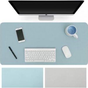 EnsoCrafts Dual-Sided Desk Pad Office Desk Mat, Ultra Thin Waterproof PU Leather Mouse Pad Desk Blotter Protector, Desk Writing Mat for Office/Home (Light Blue/Silver, 80 x 40cm) | ‎DP-LBS-8040