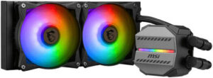 MSI MAG CORELIQUID M240 AIO Liquid Cooler, 240mm Radiator, 78 73 CFM, 2000 RPM Fan Speed, 2 x ARGB 120mm Fans, Two Ball Bearing, Elevated Cooper Plate, Reinforced Tubing, Black 306-7ZW4R14-813