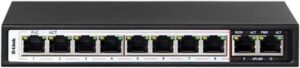 D-Link 10 Port Long Range PoE + Surveillance Switch, 250m Transmission Distance, 10 Port 10/100 Mbps, 6kV Light Protection, 96 Watts PoE Budget, Flow Control, Black | DES-F1010P-E