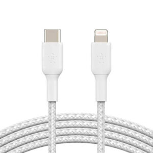Belkin Braided USB C to Lightning Cable, MFi Certified iPhone Fast Charger Compatible With iPhone 13, 12, 11, Pro, Pro Max, Mini, iPad, AirPods, 6.6FT/2M, White | CAA004bt2MWH