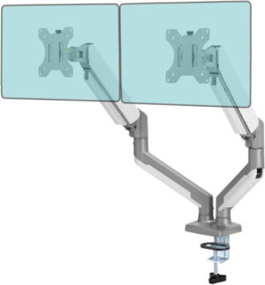Dual Monitor Arm, Fits Up To 32" Monitor, Swivel & Height Adjustable, Gas Spring, Up to 9kg Max Weight, C-Clamp Monitor Arm, 75mm 100mm VESA Mount, Silvery Gray | 32SGMNTR