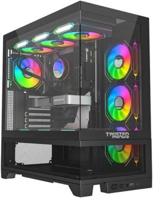 Twisted Minds Phantek-07 Mid Tower ATX Gaming PC Case, Tempered Glass Front & Side Panels with Mesh, 7x RGB Pre-installed Fans, 3.5" HDD x3 + 2.5" SSD x3, Up to 420mm AIO Support, Black | TM-245-3-B