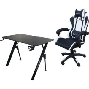 Mahmayi TJ HYG 01 Chair / V2-1060 Desk Gaming Combo, Perfect for Home / Office / Workstation Setup, Carbon Fibre Faux Leather Material, Black / White | HYG-01-V-1060