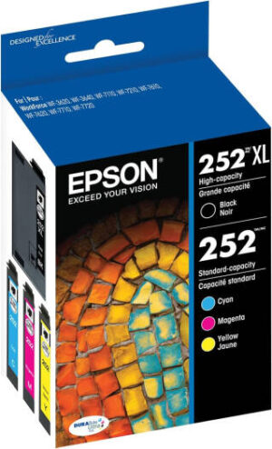 Epson 252 4-Pack Ink Cartridges, XL High Capacity, Up to 1,100 Pages, High Yield Black/Cyan/Magenta/Yellow | T252XL-BCS
