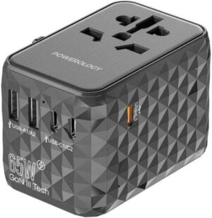 Powerology 65W Universal Multi-Port Travel Adapter, GaN Technology, Grey | P65W3PD-GY