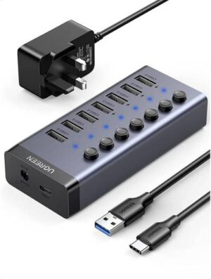 UGREEN Powerd USB Hub 3.0, 7-Ports USB Charging Extender Data Hub, Power USB Adapter with Individual On/Off Switches, For Laptop,PC,HDD,Flash Drive with UK Plug Power Adapter, Grey | 90306