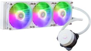 Cooler Master MaasaterLiquid 360L Core aRGB Liquid CPU Cooler, 360mm Radiator, 650-1750 RPM Fan Speed, 71 93 CFM Fan Airflow, Aluminum Radiator, 3-Pin Pump Connector, White MLW-D36M-A18PZ-RW