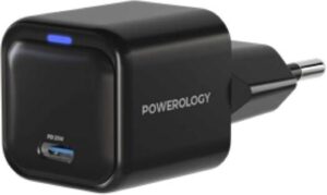 Powerology Ultra-Compact Type-C 20W Gan Power Delivery Charger EU, 2 pin - Adapter with Built-In Safeguards, Fast Charging Compatible with iPhone 15 Pro Max - Black | PWCUQC015