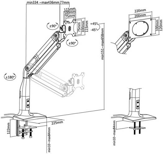 Skill Tech Counterbalance Monitor Arm, Fits 17"-43" Flat & Curved Monitor, Adjustable Gas Spring, Detachable VESA Plate, Flexible Tilt, Pivot, and Swivel, 2xUSB 3.0 Port, Black | SH43 C011U - Image 3