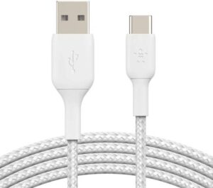 Belkin Braided USB-C Cable, USB-C to USB-A Cable, USB Type-C Cable for Samsung, Pixel, iPad Pro, Nintendo Switch, 2m, White | CAB002bt2MWH