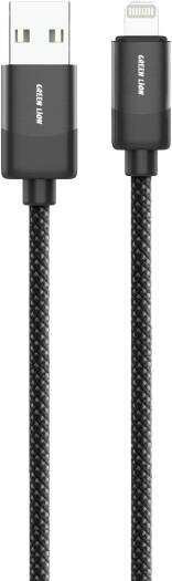 Green Lion USB-A to Lightning Head Braided Cable, 1M Wired Length, 10000 Bends, 480 Mbps Transfer Speed, Aluminum Alloy Material, Wide Compatibility, Secure & Safe - Black