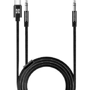 Promate 2 In 1 Durable Fabric 3.5mm Aux Audio Cable, 1.2 Meter Length, USB Type-C, 3.5mm Male Jack, Tangle-Free, For Headphones/Smartphones/Tablets, Black | AUXLINK-CM