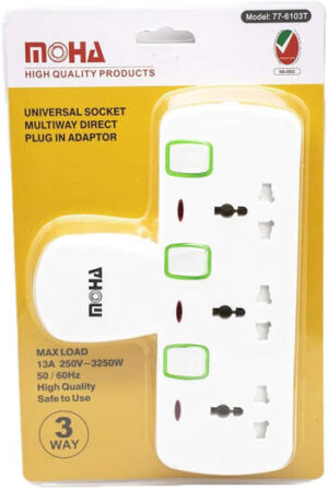 MOHA 77-6103T NO USB Output Universal Socket Multiway Direct Plug in Adaptor, 250V-AC50/60Hz Rated voltage, Max 13A Power, Max3250 Watts, White | 77-6103T