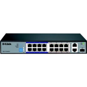 D-Link 16 Port 10/100 Base-T Unmanaged PoE+ Surveillance Switch, Long Range 250m, 2 Gigabit Ports With 1 Combo (RJ45/SFP), 150 Watts | DES-F1016P-E/B