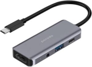 Porodo 4in1 USB-C Hub Type-C PD 100W HDMI USB 3.5mm Aux - Gray - 4k HDMI - 3.5 mm Audio Jack - PD 100W Fast charging
