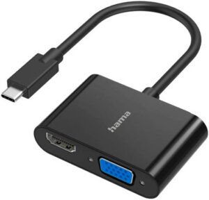 Hama 200313 Video Adapter, 2 in 1, USB-C Plug, VGA & HDMI Socket, Up to Ultra-HD 4K@30 Hz Resolution, Thunderbolt-3/4 (Lighting Symbol) Compatible, Black | 4047443437143