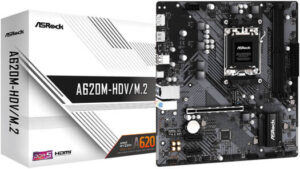 ASRock A620M-HDV/M.2 AM5 m-ATX Motherboard, AMD A620 Chipset, 2 x DDR5 DIMM Slots, Up to 96GB Max Memory, AMD RDNA 2 Graphics, 1 PCIe 4.0 x16, HDMI, USB 3.2 Type-C, DisplayPort | 90-MXBLL0-A0UAYZ