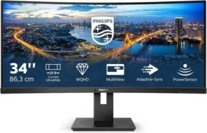 Philips B Line Series Curved Monitor, 34" VA Display, WQHD Resolution, 100Hz Refresh Rate, 4ms (GtG) Response Time, 1500R Curvature, SmartImage, Flicker-Free, Black | 345B1C