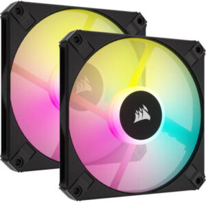 Corsair iCUE AF120 RGB SLIM 120mm PWM FDB Fan, 2000 RPM Fan Speed, 56.3 CFM Airflow, 27.5 dBA Fan Noise, Zero RPM Mode, Static Pressure Flow Type, Twin Pack, Black | CO-9050163-WW