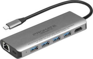 Promate USB-C Hub, 7 In 1 Premium Multi-Port Aluminium Adapter with 87W Type-C Power Delivery Port, 4K HDMI, 1000Mbps Ethernet Port and 4 USB 3.0 Ports for MacBook Pro | PR.UNIPORT-C.GY