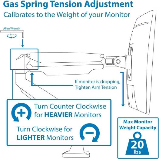 Single Monitor Arm Desk Mount, Gas Spring Monitor Arm, Full Motion Articulating Height Adjustable, Fits 13-34 Inch VESA Compatible Computer Screen, Clamp & Grommet Base - Image 5