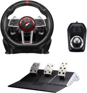 Flasfire Suzuka Wheel 900R Racing Wheel Set, Clutch Pedals, H-Shifter, Hall-Effect Steering Sensor, Vibration Feedback Function, Dual Motors, Adjustable Rotation 270° & 900°, Red/Black | ES900R