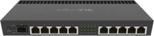 MikroTik RB4011 Ethernet 10-Port Gigabit 1U Rack Router, ARM 32Bit Architecture, 1GB RAM, 512MB NAND Storage, 10x 10/100/1000 Ethernet Ports, 1 SFP+ Ports, Black | RB4011iGS+RM