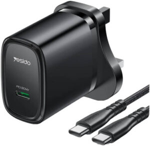 Yesido YC76BC Adaptors, PD 20W, USB-C, Type-C Port Quick Charger with Type-C to Type-C Cable, UK Plug, Built-in Smart Chip, Automatically Adjusts the Current, and Trickle Charging, Black | YC76BC
