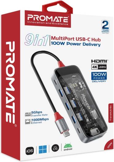 Promate 9-in-1 Multi-Port USB Hub With 100W PD, 5Gbps Transfer Rate, 1000Mbps LAN, 4K HDMI Port, RJ45 Port, USB-C, 1 x USB-A 3.0/ 2 x 2.0 Ports, SD/TF Card Slots, Transparent | TransHub-Go - Image 9