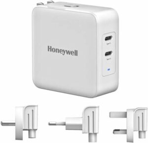 Honeywell Zest Charger GaN 65W, 2xType C PD 3.0 Ports,Equipped with Switchable Plugs,Ultra-Fast Charging Compatible with iPhone,MacBook Air,iPad Pro,Pixel,Galaxy,Laptops | HC000026/CHG/GAN/WHT/65W