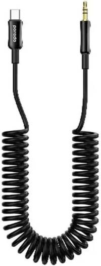 Porodo Type C to AUX Coil Cable 1.2M, Auto-Retract, Universal Compatibility, Convenient Tangle Free Design - Black