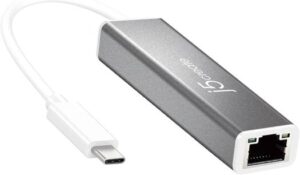 J5create USB-C to Gigabit Ethernet Adapter, USB-C Male to RJ-45 Female Interface, Plug Play, Supports 10/100/1000 Mbps Ethernet Performance, Aluminum Body, 10cm Cable Length, White | JCE133G