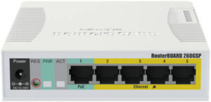 MikroTik RB260GSP Switch, GCA8337 Chip, 128KB FLASH, 5x Ethernet, SFP Port, SwOS OS, White | CSS106-1G-4P-1S