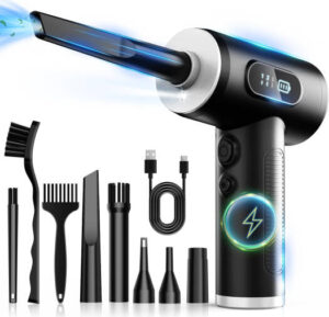 FRESMOL Compressed Air Duster, 3 Gear Adjustable, 100000RPM Max Speed, LED Display, Rechargeable Cordless Air Blower, Keyboard Electric Devices Cleaning, Black | VC018