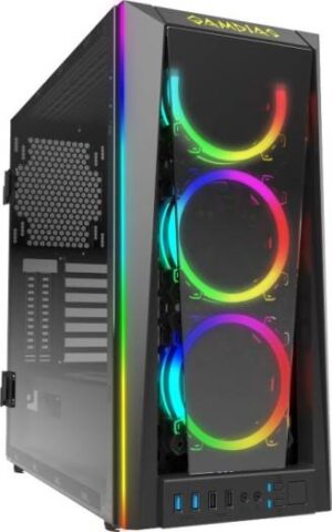 Gamdias TALOS M1B Tempered Glass Gaming Case, Three Built-in 120mm Double Ring ARGB Fans, Tempered Glass Panel with Swing Door Design, Vertical Radiator View | TALOS-M1B