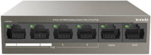 Tenda TEF1106P-4-63W, 6-Port 10/100M Desktop Switch with 4-Port PoE, 6KV Lightning Protection, 250m Extend Mode, Dual Uplink Ports, For Router And NVR, 1.2 Gbps Bandwidth | TEF1106P-4-63W