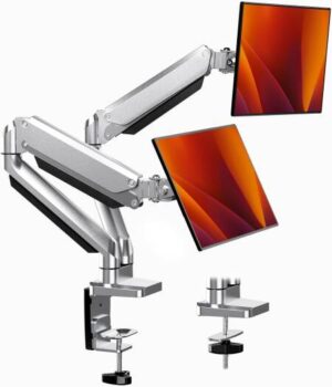 Skill Tech Dual Monitor Stand for 13-32" LCD/LED Gas Spring Full Range Motion Technology Monitor Arm with Tilt 45 Swivel 180 Rotate 360 Ergonomic Design Clamp&Grommet Installation VESA 100/75mm