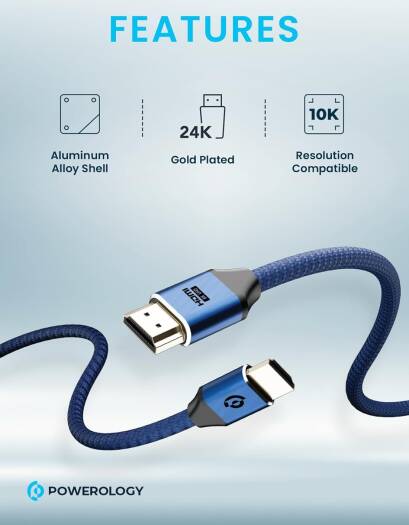 Powerology 8K HDMI Braided Cable, 3M, 24K Gold Plated Connectors, 10K Resolution, Dolby Atmos, eARC, Portable & Lightweight, Durable Aluminum-Alloy Shell for Top Performance, Dark Blue | PWHDC3M-DKBU - Image 4