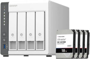 QNAP TS-433 4 Bay 72 TB NAS with WD 18TB (4x18TB) Ultrastar HC550 SATA-6Gb/s HDD, 7200RPM / 512MB Cache, ARM 4-core Cortex-A55 2.0GHz, 4 GB RAM, 3Gb/s, 5 Gigabit Ethernet Port,