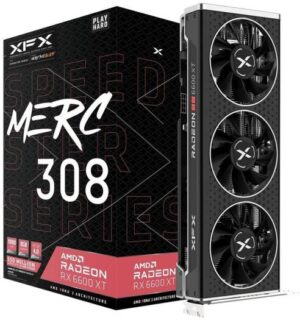 XFX Speedster Merc 308 Radeon RX 6600 XT Graphics Card, 8GB GDDR6 Memory, PCI Express 4.0, AMD RDNA 2, AMD Freesync, 2188 MHz Core Clock, 2048 Stream Processors, Black | RX-66XT8TBDQ
