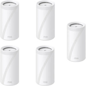 TP-Link Tri-Band WiFi 7 BE19000 Whole Home Mesh System, 12-Stream 22 Gbps, 2 10G + 2x2.5G Ports Wired Backhaul, 8 High-Gain Antennas | VPN, AI-Roaming, 44 MU-MIMO (1-Pack x 5) White | Deco BE85