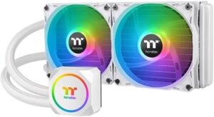 Thermaltake TH240 ARGB Sync Snow Edition AIO Liquid Cooler, 3300RPM Pump Motor Speed, 1500RPM Fan Speed, Copper Water Block, Rubber Tube, White | CL-W301-PL12SW-A