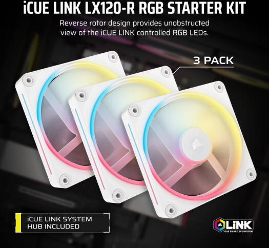 Corsair iCUE LINK LX120-R RGB 120mm PWM Reverse Fans, 2400 RPM Fan Speed, 70 CFM Fan Airflow, 35.1 dBA Sound Level, Static Pressure Flow Type, Pack of 3, White | CO-9051054-WW - Image 3