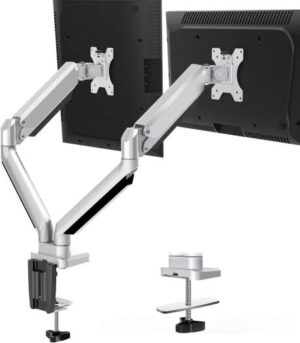 Skill Tech Dual Monitor Desk Mount, Die-Cast Aluminum Fully Adjustable Double Monitor Arm with Gas Spring, Computer Monitor Stand Fits 2 Screen 17 to 32 inch, Each Arm Holds up to 17.6LBS, BLACK