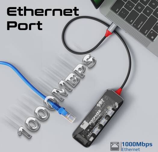 Promate 9-in-1 Multi-Port USB Hub With 100W PD, 5Gbps Transfer Rate, 1000Mbps LAN, 4K HDMI Port, RJ45 Port, USB-C, 1 x USB-A 3.0/ 2 x 2.0 Ports, SD/TF Card Slots, Transparent | TransHub-Go - Image 5
