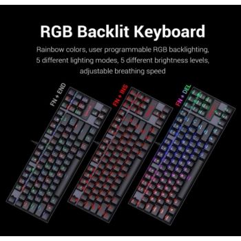 Redragon K552 Tenkeyless Wired Mechanical Gaming Keyboard and Mouse Combo, RGB LED Backlit, With Arrow Key, 7200 DPI Mouse, For Windows PC Gamers, English Layout, Black | K552-RGB-BA - Image 3